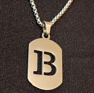 Unisex Silver Dog Tag Necklace Cutout Initial Letter B Monogram Pendant